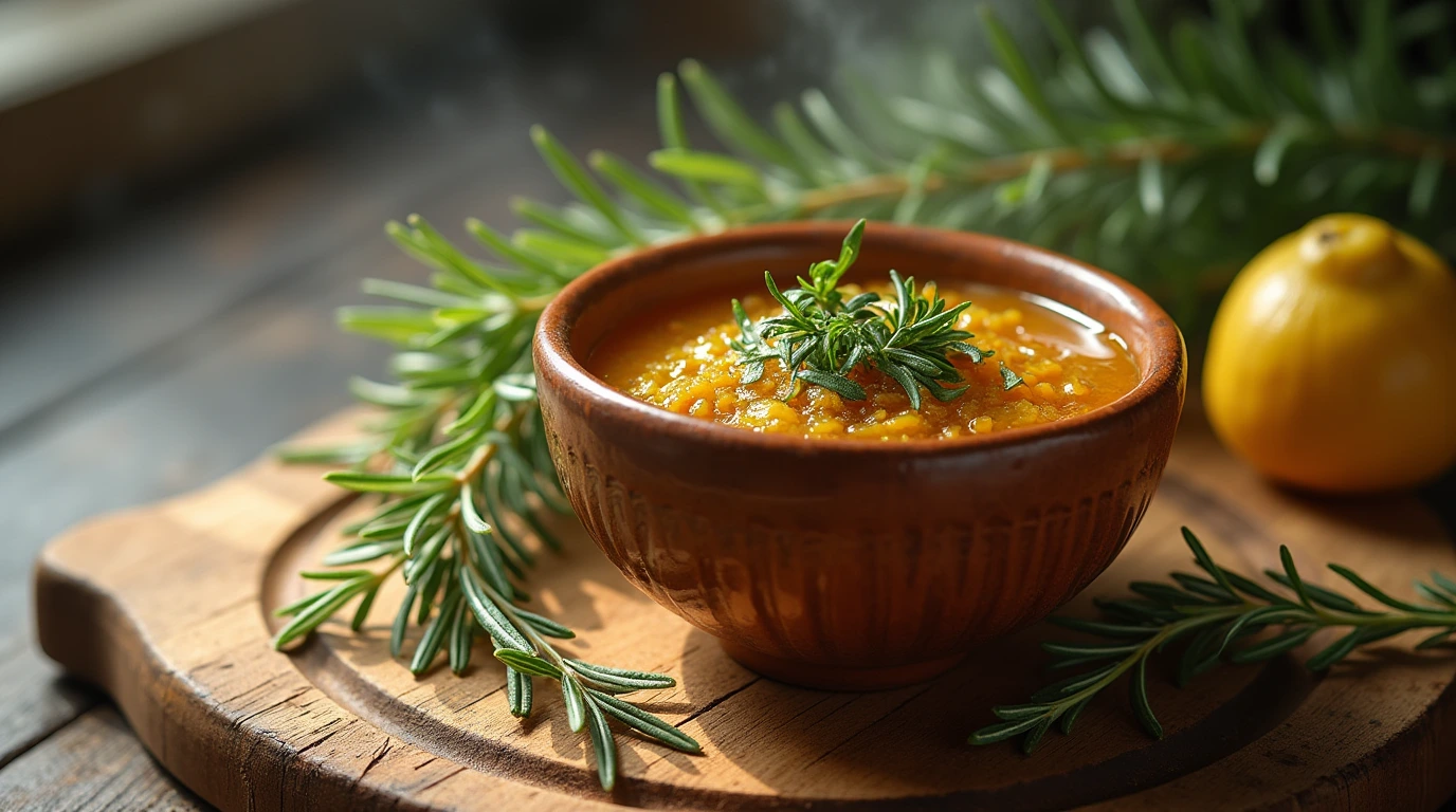 A 3 ingredient steak marinade in a ceramic bowl on a wooden cutting board, garnished with fresh herbs and ready to be used.