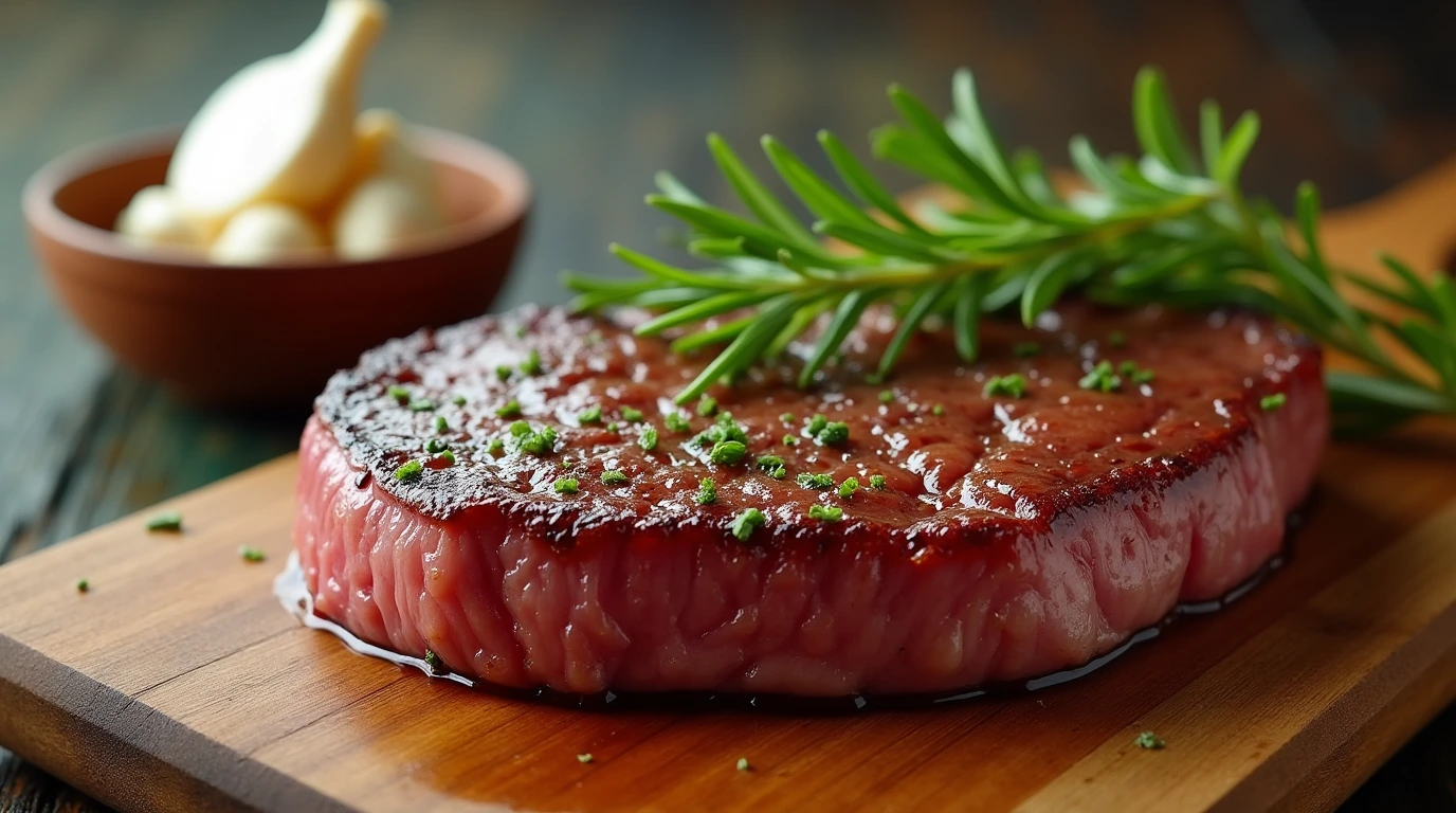 A close-up shot of a marinating steak on a rustic wooden cutting board, garnished with fresh herbs and garlic cloves.