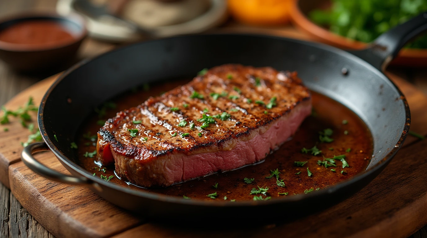 Freshly cooked steak with a 3 ingredient marinade, served on a rustic cutting board with a sprinkle of parsley