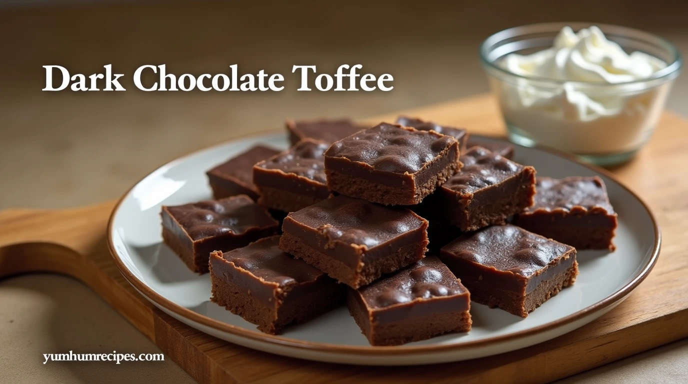 A beautifully arranged plate of dark chocolate toffee with a focus on texture and flavor, featuring a background with a warm, beige color and a hint of natural lighting.