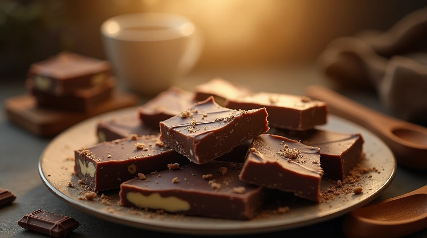 A beautifully arranged plate of dark chocolate toffee pieces with rustic wooden utensils.