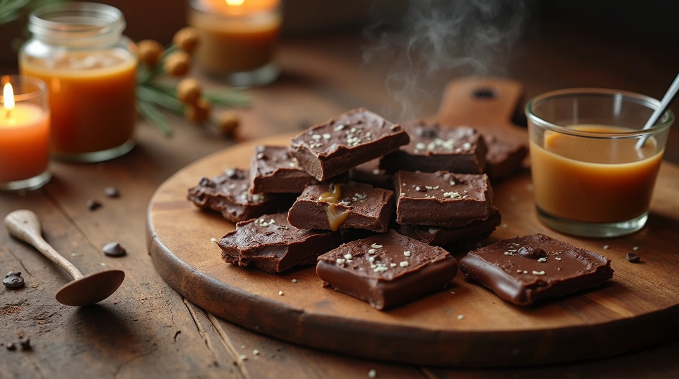 Freshly made dark chocolate toffee on a rustic wooden cutting board, with props and tools of the trade.