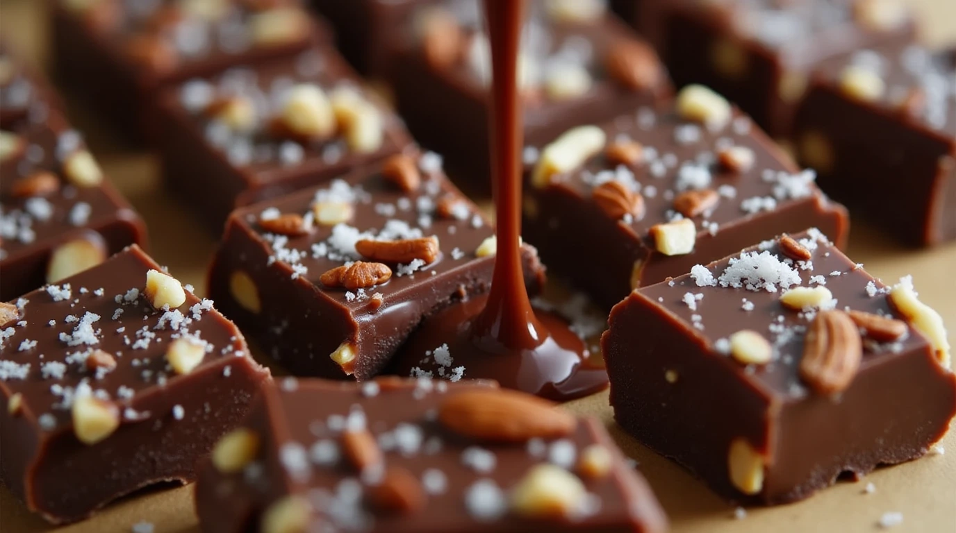 Dark chocolate toffee with melted chocolate, caramelized sugar, and crunchy nuts and sea salt