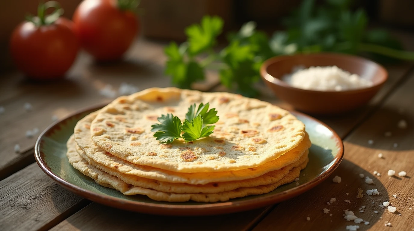 A close-up shot of a freshly baked oat flour tortilla with cilantro and sea salt, on a vintage ceramic plate