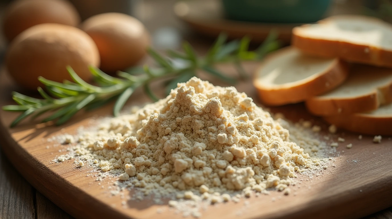 A close-up shot of oat flour on a rustic wooden cutting board, surrounded by fresh rosemary and sliced bread.