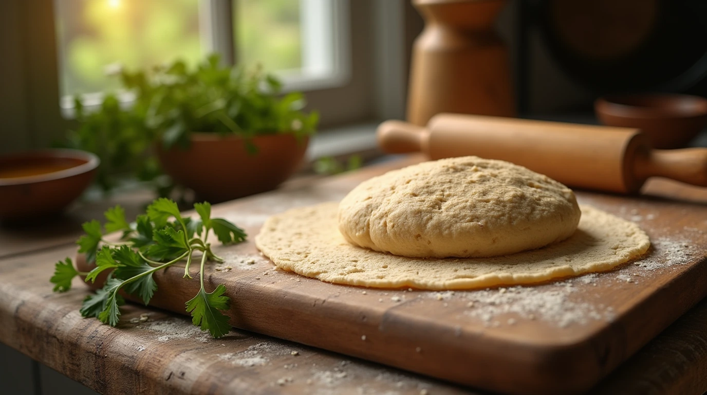 Freshly made oat flour tortillas on a rustic wooden cutting board, surrounded by herbs and props.