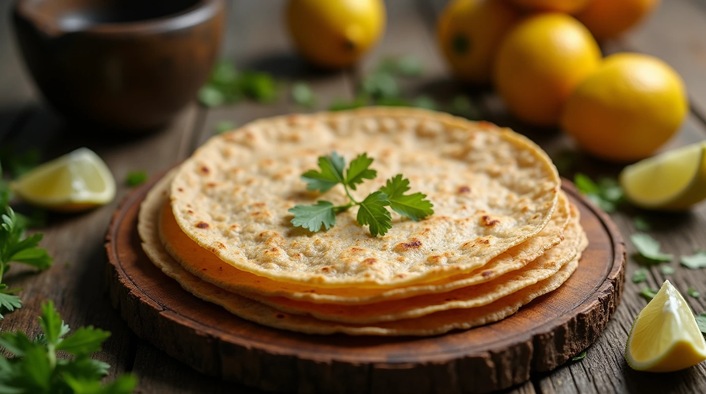 A close-up shot of an oat flour tortilla on a rustic wooden board, surrounded by fresh cilantro and lime slices, with a mini molcajete in the background.