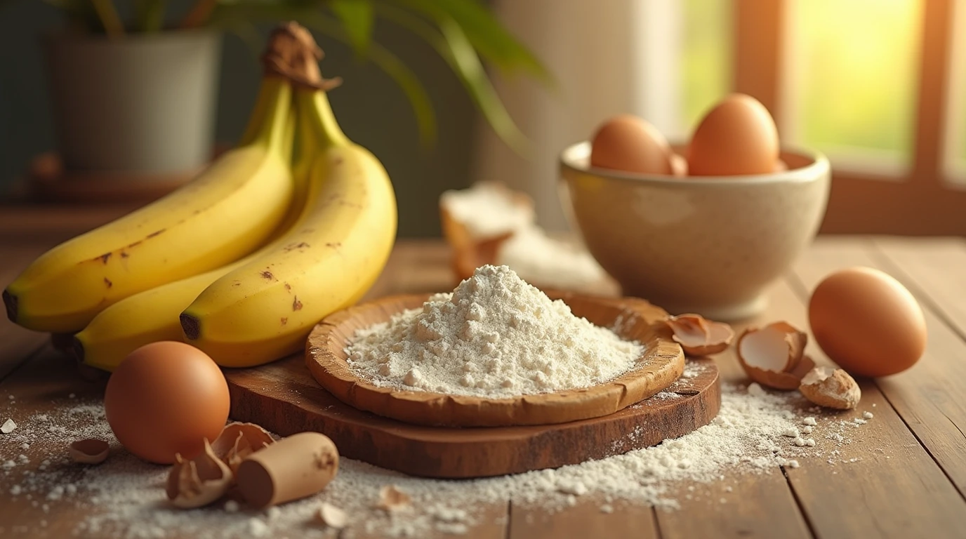 Fresh bananas, eggs, and flour arranged on a wooden table for a simple banana bread recipe