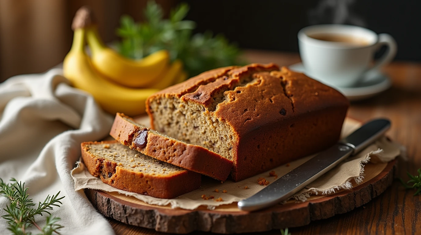 A warm and inviting photo of a freshly baked 3 ingredient banana bread on a rustic wooden table